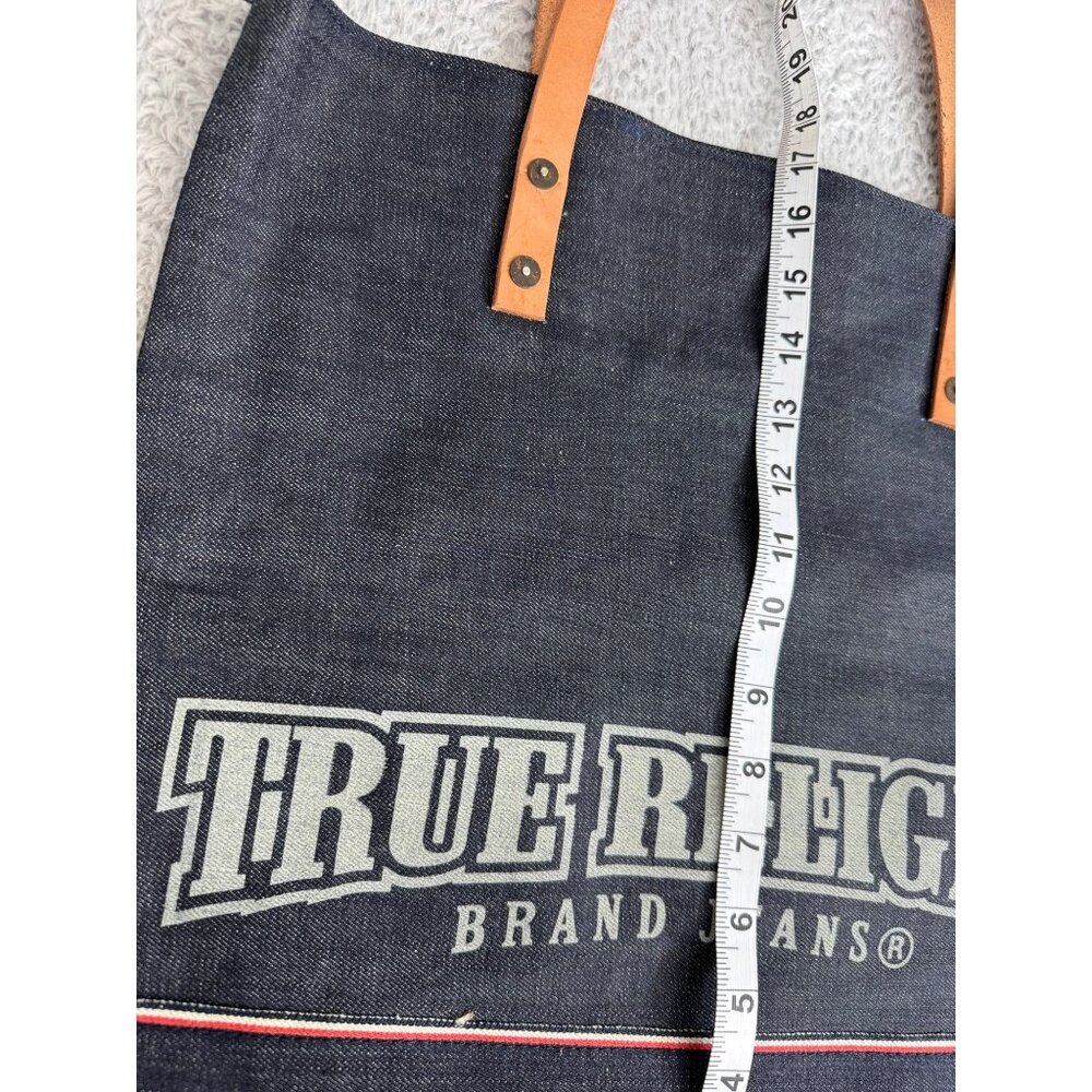 True Religion Denim Lined Tote Bag With Leather Straps & Red Interior NWOT - Picture 4 of 11